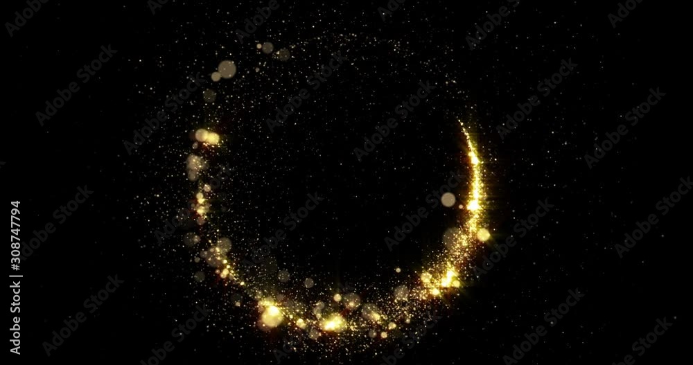 Poster Gold sparkling light circle with shimmering particles with glare flare effect. Christmas and New Year background, abstract golden glittery confetti ring frame with magic glowing shimmer sparkle trail