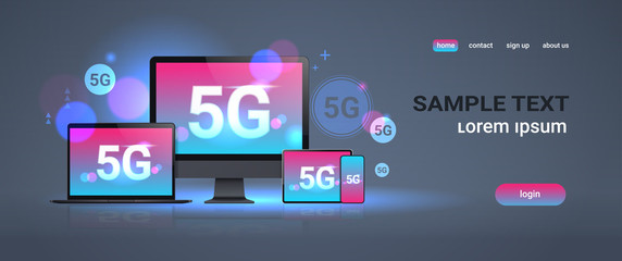 monitor tablet smartphone laptop screens 5G online communication network wireless systems connection cross platform concept fifth innovative generation of high speed internet horizontal copy space