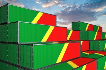 3D illustration Container terminal full of containers with flag of Republic of Congo