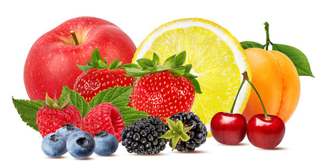 Collage of fresh fruits and berries isolated on white background with clipping path