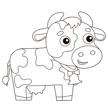 Coloring Page Outline of cartoon cow with bell. Farm animals. Coloring book for kids.