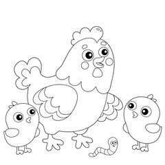 Coloring Page Outline of cartoon chicken or hen with chicks. Farm animals. Coloring book for kids.