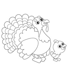 Coloring Page Outline of cartoon turkey with nestling. Farm animals. Coloring book for kids.