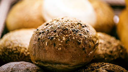 close up fresh bread and wheat on the wooden box