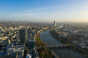  Frankfurt am Main aerial view with drone. Sunset in Frankfurt am Main. 10.12.2019 Frankfurt am Main Germany.