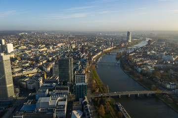 Obraz premium Frankfurt am Main aerial view with drone. Sunset in Frankfurt am Main. 10.12.2019 Frankfurt am Main Germany.