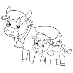 Coloring Page Outline of cartoon cow with calf. Farm animals. Coloring book for kids.