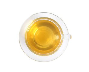 Cup of green tea isolated on white, top view