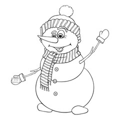 Merry funny Snowman with a gift box in hand in cartoon style. Christmas card for a Happy New Year. Drawn by hand. Vector illustration isolated on white background. Coloring page book.