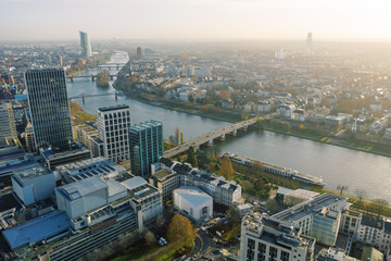  Frankfurt am Main aerial view with drone. Sunset in Frankfurt am Main. 10.12.2019 Frankfurt am Main Germany.