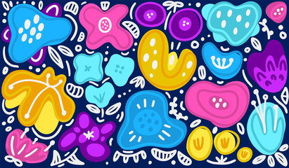 Vector set of hand drawn abstract flowers. Floral composition. Spots and stains. Freehand doodle style. Artistic design for card, packaging, home decor, invitation, banner, cover, stickers, label