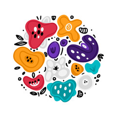 Vector circle floral composition includes hand drawn abstract shapes with different spot and decorative elements. Abstract flowers. Freehand doodle style. Cover, card, label, sticker, print on clothes