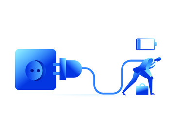 Business and life energy. Businessman with low battery red color and Businessman with high full level energy battery green. Vector illustration of a flat design.