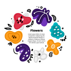 Vector circle floral frame includes hand drawn abstract shapes with different spots and decorative elements. Abstract flowers. Freehand style. Doodle. Cover, card, label, brochure, invitation. Eps 10