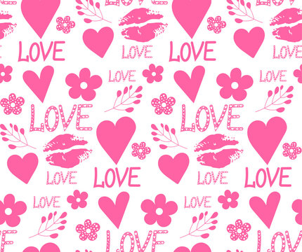 Fototapeta Vector graphic with the image of hearts, flowers and inscriptions "love". Seamless pattern for printing on fabric, paper and wallpaper.