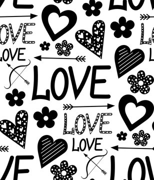 Fototapeta Vector graphic with the image of hearts, flowers and inscriptions "love". Seamless pattern for printing on fabric, paper and wallpaper.