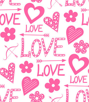 Fototapeta Vector graphic with the image of hearts, flowers and inscriptions "love". Seamless pattern for printing on fabric, paper and wallpaper.