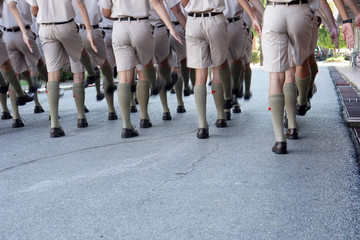 The feet of the Thai Scout marching parade, Motion blur image.