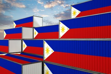 3D illustration Container terminal full of containers with flag of Philippines