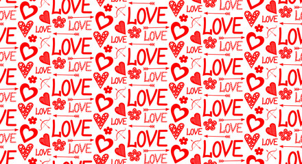 Vector graphic with the image of hearts, flowers and inscriptions 