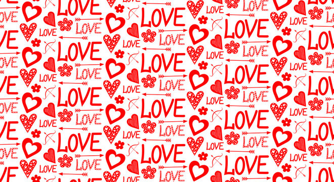 Fototapeta Vector graphic with the image of hearts, flowers and inscriptions "love". Seamless pattern for printing on fabric, paper and wallpaper.