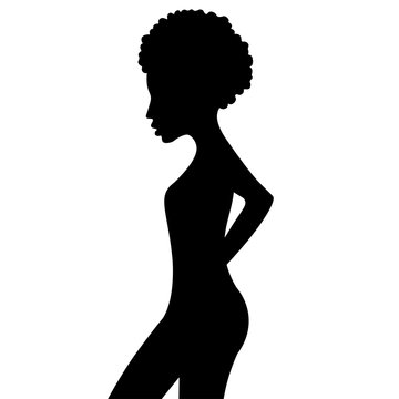 Black silhouette of curly African woman. Portrait in profile. Vector EPS10 illustration.