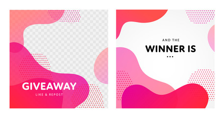 Vector fluid giveaway and winner banner template set. Group of couple square give away poster. Abstract pink color liquid illustration with text. Design for social media post, free gift, advertisment.