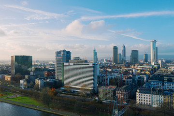 Naklejka na ściany i meble Frankfurt am Main aerial view with drone. Sunset in Frankfurt am Main. 10.12.2019 Frankfurt am Main Germany.