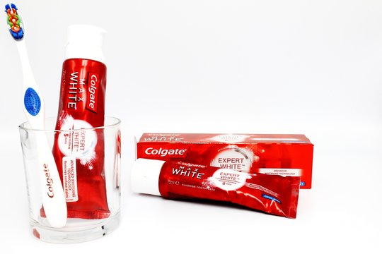 Italy – August 26, 2019: Colgate Max White Toothpaste produced by Colgate-Palmolive