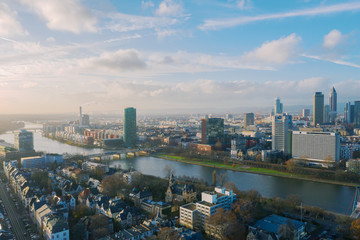  Frankfurt am Main aerial view with drone. Sunset in Frankfurt am Main. 10.12.2019 Frankfurt am Main Germany.