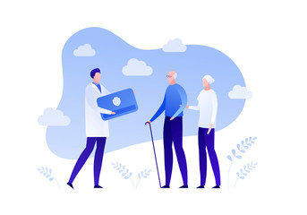 Insurance business for senior people. Health and retirement life policy concept. Vector flat person illustration. Old family and doctor on sky background. Design element for banner, poster, web.