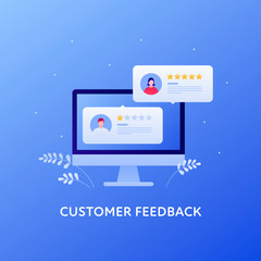 Customer feedback survey flat business vector illustration. Web review concept. Documents with people face and star sign on computer screen. Design element for banner, background, web, ui.