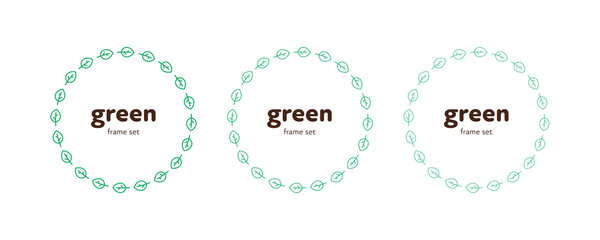 Ecology protection badge sign. Vector flat leaf frame illustration set. Collection of green circle with copyspace for text isolated on white. Design element for banner, poster, ui, background, web.