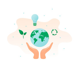 Ecology protection concept. Vector flat illustration. Hand holding planet earth sign with leaf, recycle symbol and lightbulb isolated on white. Design element for banner, poster, ui, background, web.