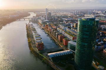  Frankfurt am Main aerial view with drone. Sunset in Frankfurt am Main. 10.12.2019 Frankfurt am Main Germany.