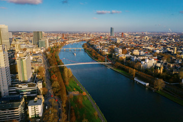Fototapeta premium Frankfurt am Main aerial view with drone. Sunset in Frankfurt am Main. 10.12.2019 Frankfurt am Main Germany.