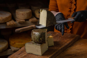 Worker slicing the cheese. Close up of Cutting cheese.