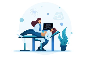 Doctor makes an ultrasound of a pregnant woman, examining the fetus in utero. Flat 2D character. Concept for web design