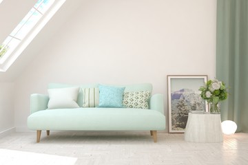 Stylish room in white color with sofa. Scandinavian interior design. 3D illustration