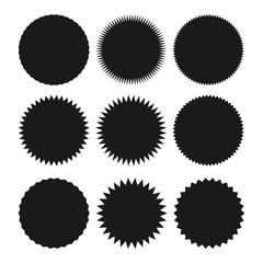 Star burst sticker set. Black flat price tags explosion silhouettes, starburst retro sale badge. Vector illustration. Star blank label, stickers emblem on white