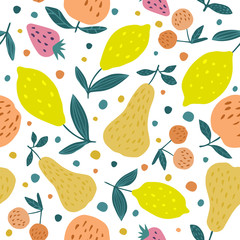 Sumer fruits seamless pattern. Cherry berries, apples, lemons, pears and leaves