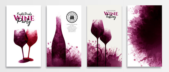 Templates with wine designs. Red wine stains Illustration of glass and bottle of wine. - obrazy, fototapety, plakaty