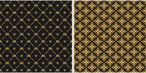 Background images. Retro and vintage style. Set of 2 templates for your design, wallpaper texture. Seamless pattern. Colors: black, gold. Vector illustration.