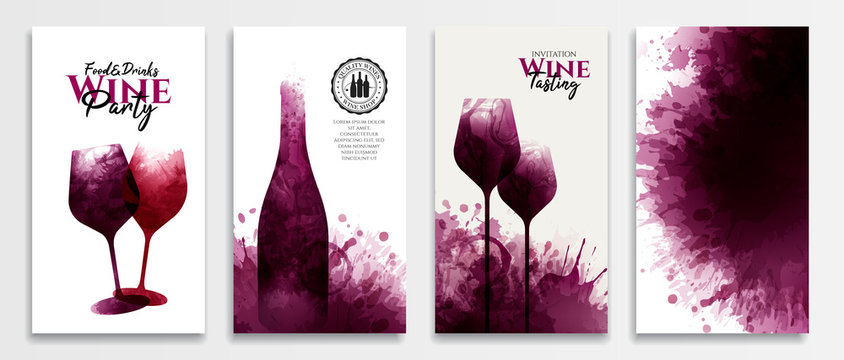 Templates with wine designs. Red wine stains Illustration of glass and bottle of wine.