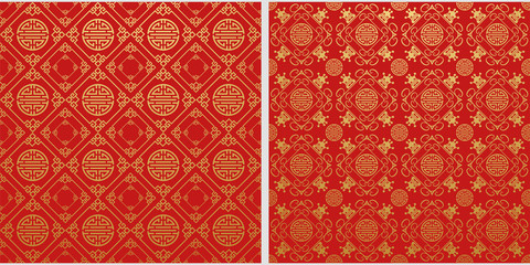 Set of seRed background images. Oriental motif. Chinese and Indian styles. Set of 2 templates for your design, wallpaper texture. Colors: red, gold. Vector.