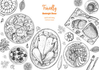 Family dinner top view, vector illustration. Friendly dinner table. Engraved style background. Hand drawn sketch, design template.