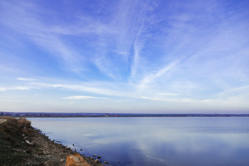 sunset sky blue and pink over a lake in Gagauzia
