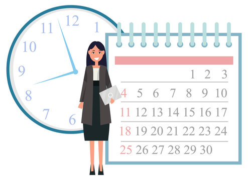 Time management vector, female character working as manager. Organization of workflow and tasks, clock and calendar with dates, smiling businesswoman