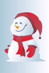 Fully editable vector illustration of a cute snowman smiling, wearing gloves, a hat and a scarf 
