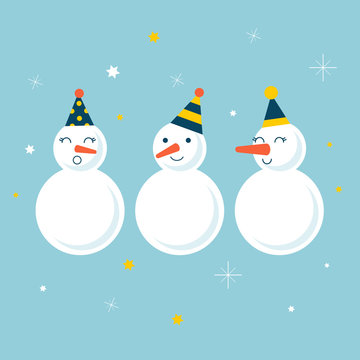 Snowmen. Cartoon illustration in Christmas style. Vector.